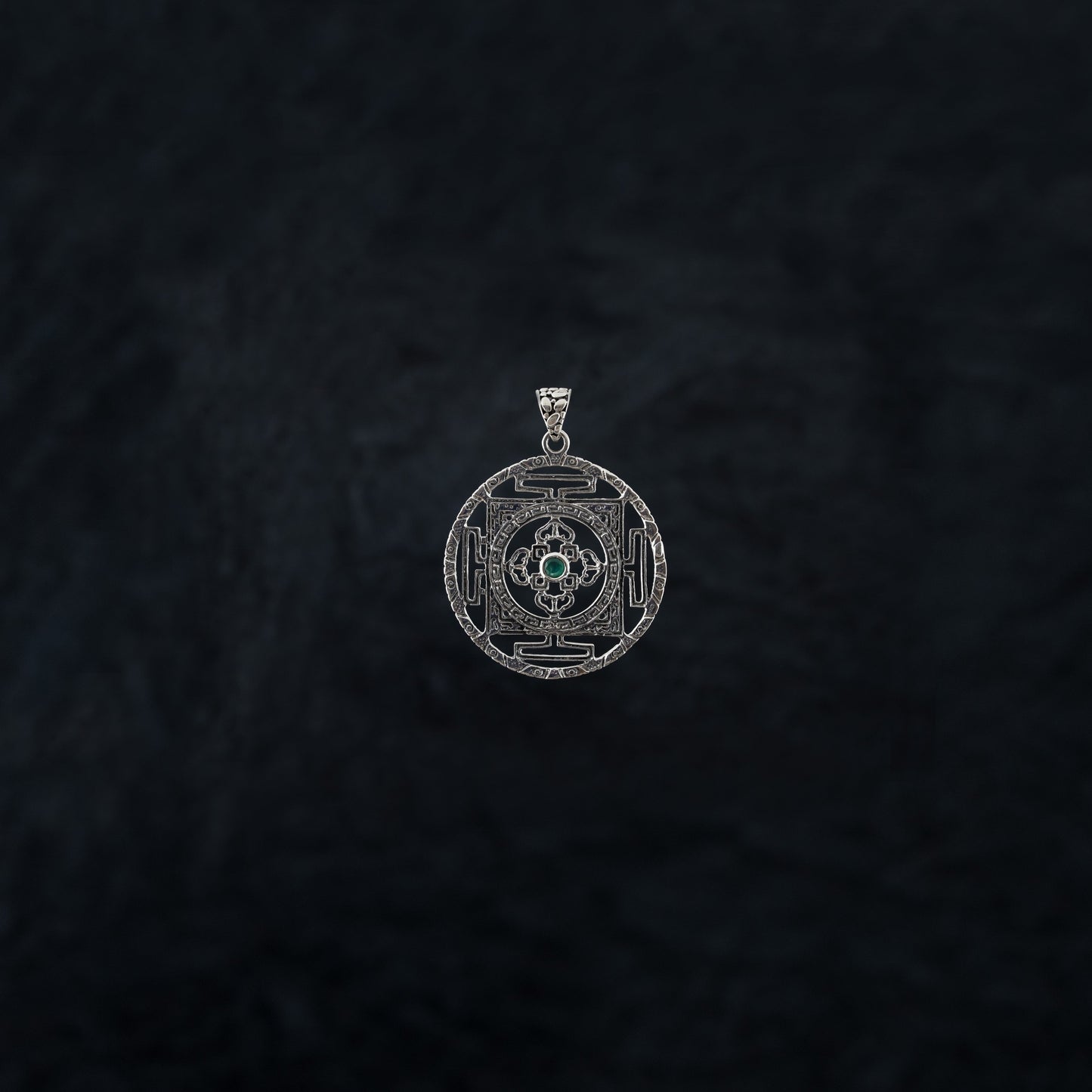 "Intricate Mandala" Silver Pendant with Green Onyx