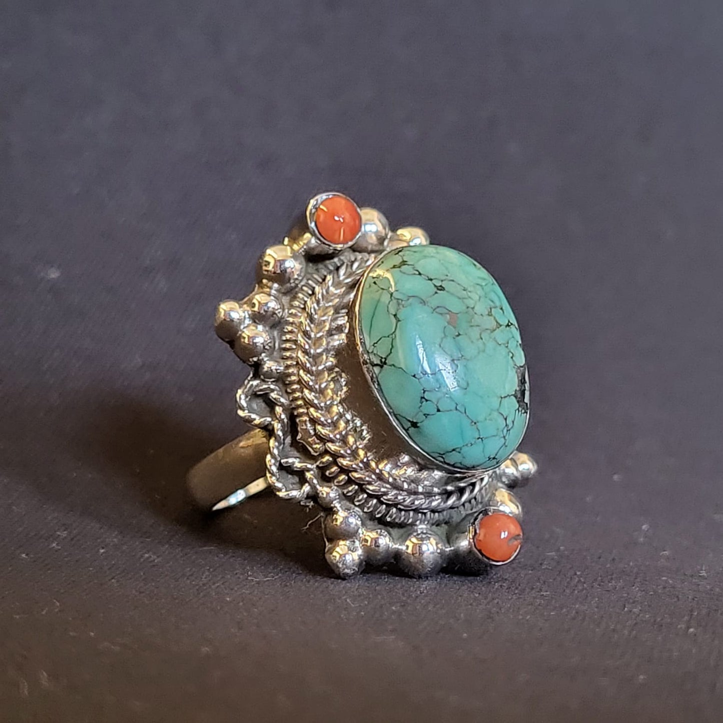 "Oceanic Opulence" Silver Ring with Turquoise + Coral