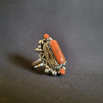 "Crowned Elegance" Silver Ring with Coral