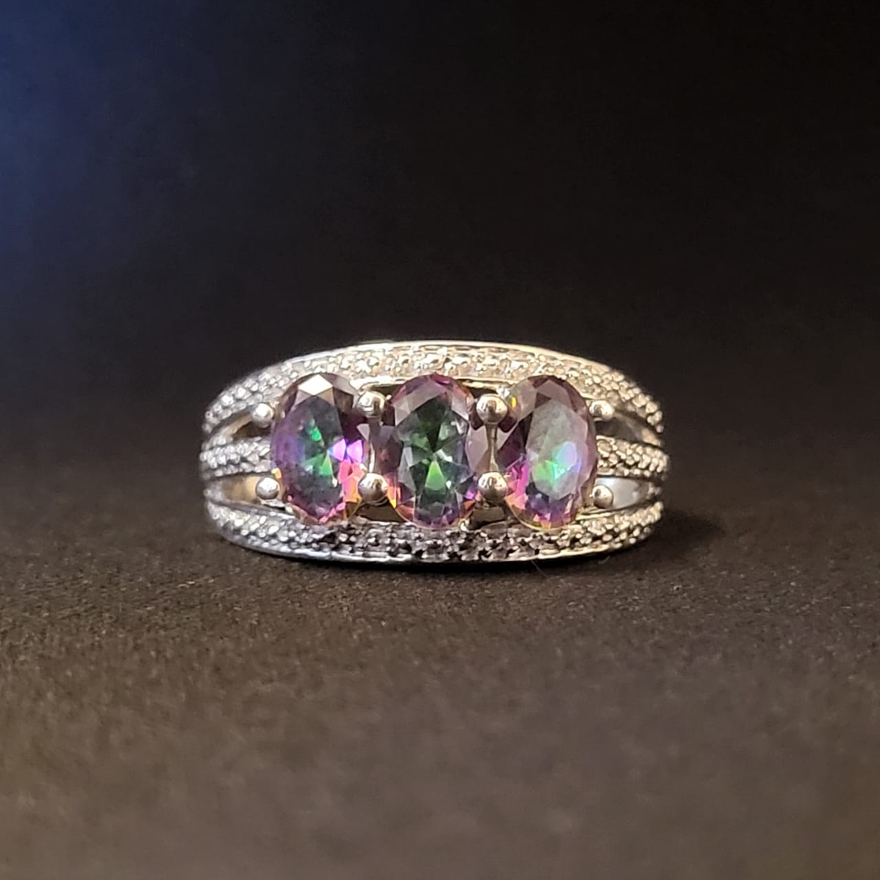 "Rainbow Crown" Silver Ring with Mystic quartz