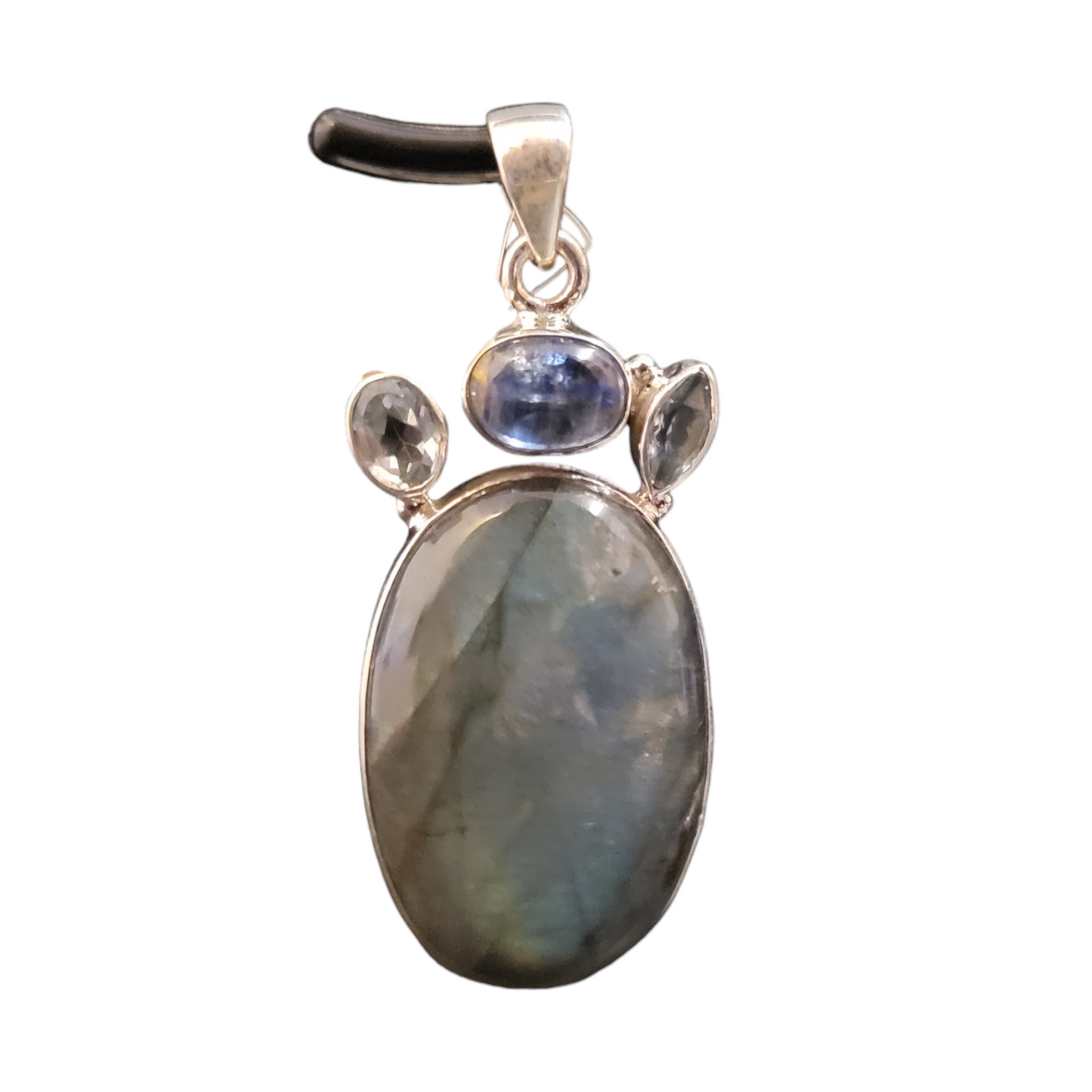 "Fairy Hug" Silver Pendant with Kyanite Crystal  labradorite