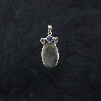 "Fairy Hug" Silver Pendant with Kyanite Crystal  labradorite